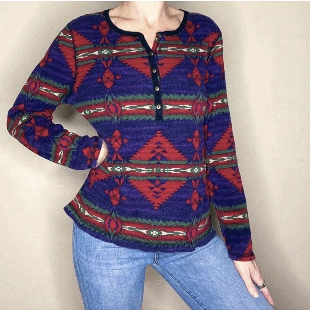 CHAPS Ralph Lauren Women Southwestern Thermal Waffle Henley Tee Size L Aztec EUC